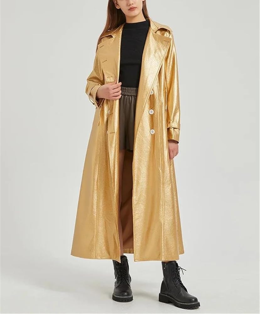 Spring Autumn Extra Long Gold Shiny Pu Leather Trench Coat